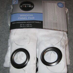 Living Colors White Sheer Embroidered Window Curtain Panels Pair NEW